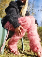 Fuzzy Long mohair thick furry hand knit stockings soft leg warmers Drawstring