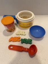 Vtg 1987 Fisher Price Simmering Soup Pot Playset Ladle Soup Can Bowl Alphabet