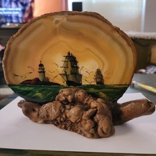 Hand Oil Paintings Brazilian Agate Manzanita Wood Light House Sailing Ship Boat