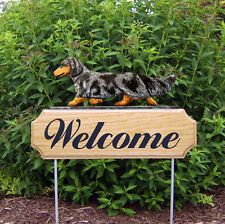 Panneau De Bienvenue En Bois Pour Extérieur Teckel À Poil Long Bleu