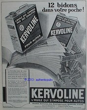 ADVERTISEMENT KERVOLINE THE OIL THAT IMPOSES ITSELF FOR CARS 12 CANS FROM 1926 FRENCH AD