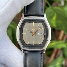 Vintage Seiko 5 Automatic Tonneau Shape Gun Metallic Dial Japan Men Watch 6309.