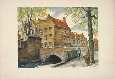 R. HEBBELINCK XRare SIGNED Vtg c1940s Ltd Ed Etching BRUGES, PONT de L'HYDROMEL