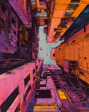 Affiche paysage urbain cyberpunk - art mural futuriste de science-fiction -...