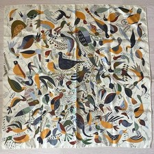 Hermes Scarf Stole Le Bal des Oiseaux Ivory Bird Animal Silk Auth Carre 90 Ex++