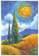 paysage de style Van Gogh,  tableau original 17,5 x 25 cm
