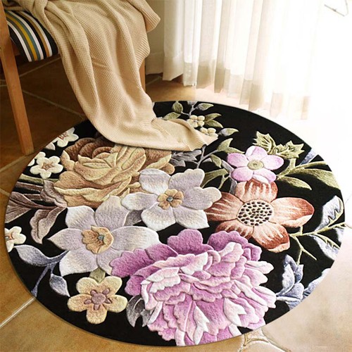 Tapis laine rond floral - laine, style