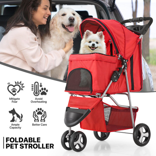 Red folding dog stroller - red,