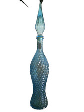 Carafe bouteille italienne en verre d'Empoli couleur bleue pointe de diamant
