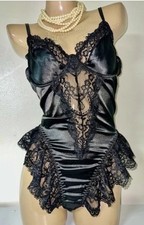 Vtg Style Frilly Lace 2nd Skin Satin Teddy Bodysuit Sissy Black Lingerie XL NEW