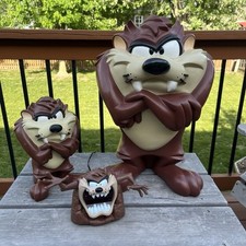 Pair Of Vtg 1997/1999 Warner Bros 10"/ 18"  Tasmanian Devil Statue Figure WB