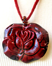 Gorgeous Red Lacquer Flower Pendant Red Leather Cord Red Jewelry Vintage 422