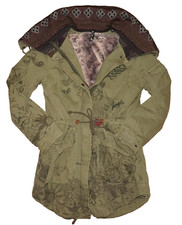 DESIGUAL Khaki Green Cotton & Embroidery Mid-Length Jacket / Coat EUR 44 US 12