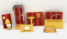 Vintage Lundby Dollhouse Miniatures 1:16 Yellow/Red Bathroom 6 Pieces VG+