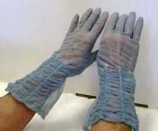 VTG 1960s LADIES RUNCHED SHALIMAR SHEER GLOVES, BLUE, SIZE 7 1/2,  GOOD