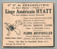 1916 Cie CHROMOLITHY PARIS AMERICAN LINEN HYATT FAKE NECK ARTIFICIAL FLOWERS