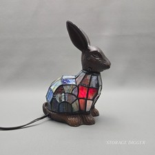 Vintage Rabbit Stained Glass Table Accent Lamp Nightlight Cast Iron Portable