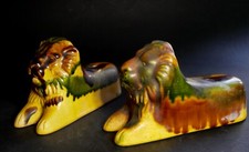 Pair Anduze Ceramic Lions, Book Greenhouse, Vintage Animal Statuette Stand