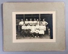 Antique PHOTO on cardboard WORKERS men apron workwear  