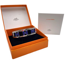 Auth HERMES Narrow Enamel Rondo Ash H Silver Blue Bracelet W/Box OF100010