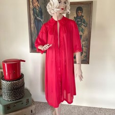Vintage 1950s Red Peignoir Dress Robe Frilly Lace Collar Rockabilly Pin-up M/L