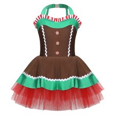 Kids Girls Gingerbread Man Cosplay Performance Christmas Dress Stage Backless