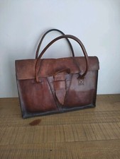 Ancienne Sacoche / Cartable En Cuir Marron - Anse - Design - Vintage - Rare