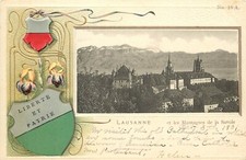 c1901 Postcard Lausanne Switzerland Shield & Iris, Art Nouveau Embossed Vignette