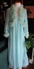 Vintage Sears Marabou Night Gown And Robe Set Lingerie Nylon Pin Up Baby Blue