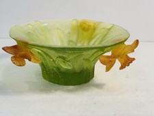 Daum Pate De Verre Green & Amber Daffodil Bowl Trinket Dish Vide Poche