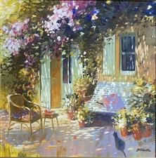 Oil painting canvas 60x60 signed PARCELIER landscape garden sun gallery Art Val