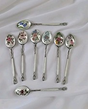1964 Henry Clifford Davis Demitasse Spoons 925 Floral Enamel From Garrard Ltd