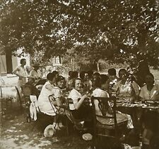 Large Family Table Garden Photo Glass Plate c1935 Vintage
