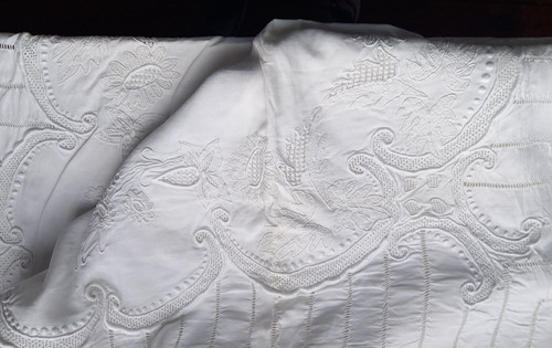 Drap ancien brodé grand - drap, /