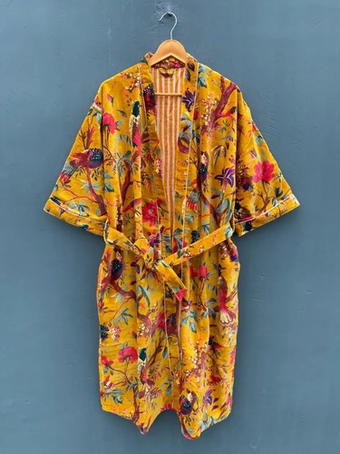 Kimono velours oiseau jaune - kimono,