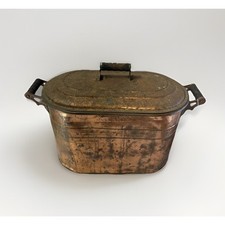 Antique Atlantic Copper Boiler Wash Tub Pot Wood Handle Metal Lid & Copper Side