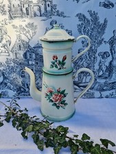 ANCIENNE GROSSE CAFETIERE EMAILLEE PARISIENNE EMAILLE JAPY DECOR DE ROSES