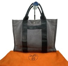 HERMES Sac Arne PM Tote Bag Hand Bag /Canvas Gray/Leather Black Auth