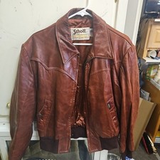 Vtg Schott NYC Brown Leather Bomber Racer Flight Hoodie Jacket 80s Size 46