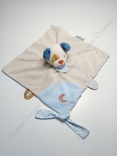 Doudou Plat Carré Jim Et Bob Chien Beige Bleu Bandana Lune Attache Tétine Nattou