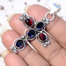 Tanzanite, Grenat Gemstone 925 Sterling Silver Cross Burning man Festival Necks