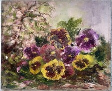 Bouquet of thoughts oil on canvas signed Crépin 27x22cm antique flowers