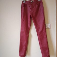 PANTALON FEMME ROUGE 38 COTON MIXTE IMITATION CUIR EXTENSIBLE