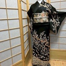 4380# Kimono japonais vintage femme tissu soie robe kimono vendu uniquement noir
