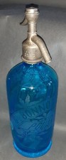 Bouteille siphon eau de Seltz, bleue. Début Xxème.  Sérigraphier G-BONNOT, POUAN