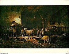 Art - Peinture - Charles Jacque - Intérieur de Bergerie - Moutons - Paysans - Ca