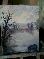 tableau  ancien paysage Etang