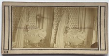 Baby in her crib Photo Post mortem A. B. Stereo Vintage Albumin c1858 Rare