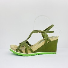 Pons Quintana Leather Wedge Sandal Green Braided Strappy Womens Sz 8 Square Toe