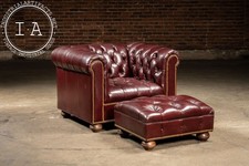 Vintage Tufted Leather Chesterfield Chair and Ottoman in Burgundy